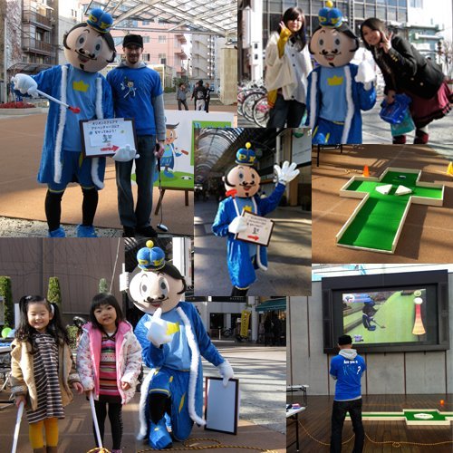 日本の公開イベントでのパターキングのマスコット「パティ」の9枚組コラージュ写真 — 買い物客、家族、子供たちとの撮影、特設ミニゴルフコース、大画面でアドベンチャーゴルフアプリをプレイする様子